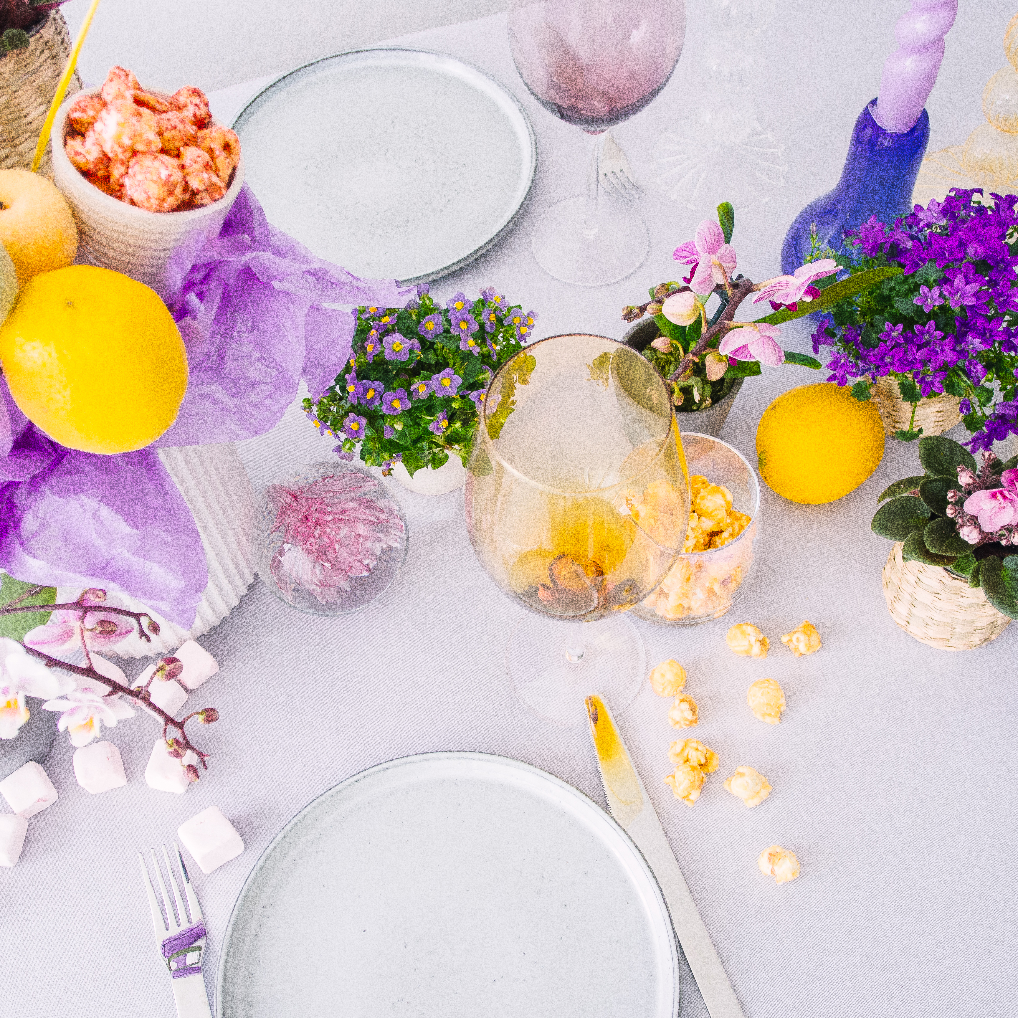 Festlig borddækning med blomstrende miniplanter - Plantorama