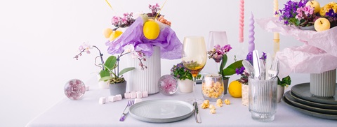 Festlig borddækning med blomstrende miniplanter - Plantorama